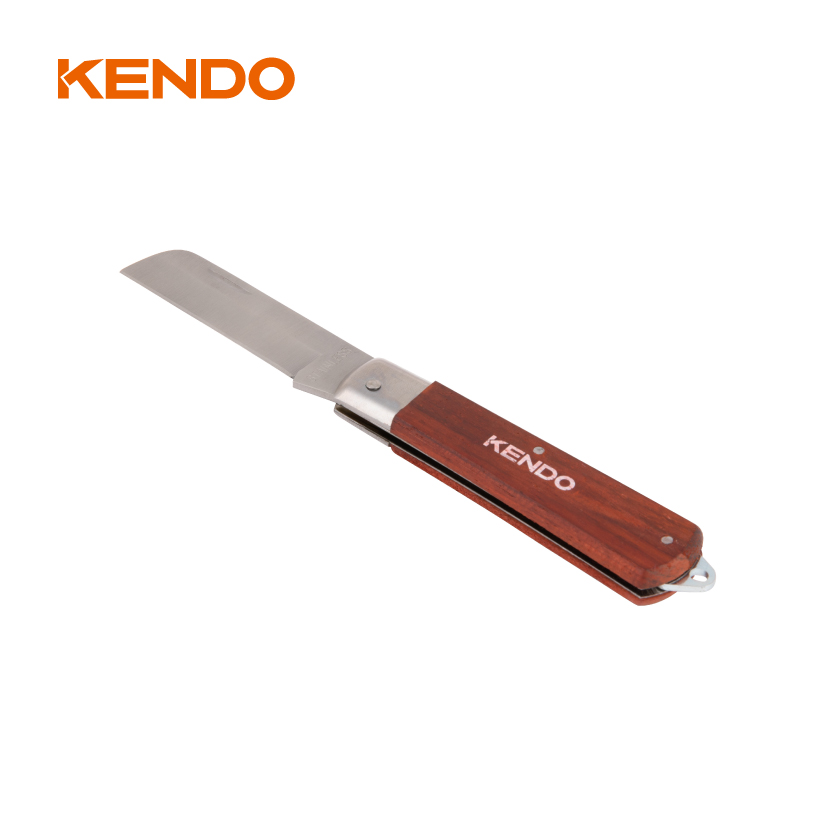 Couteau d'électricien à lame droite en acier inoxydable avec manche en bois